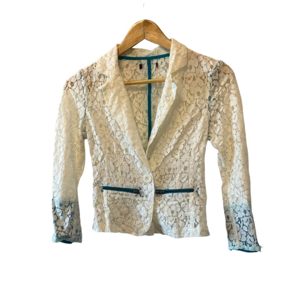 KIDS Cream Lace Blue Trim Zipper Pocket Blazer Jacket L